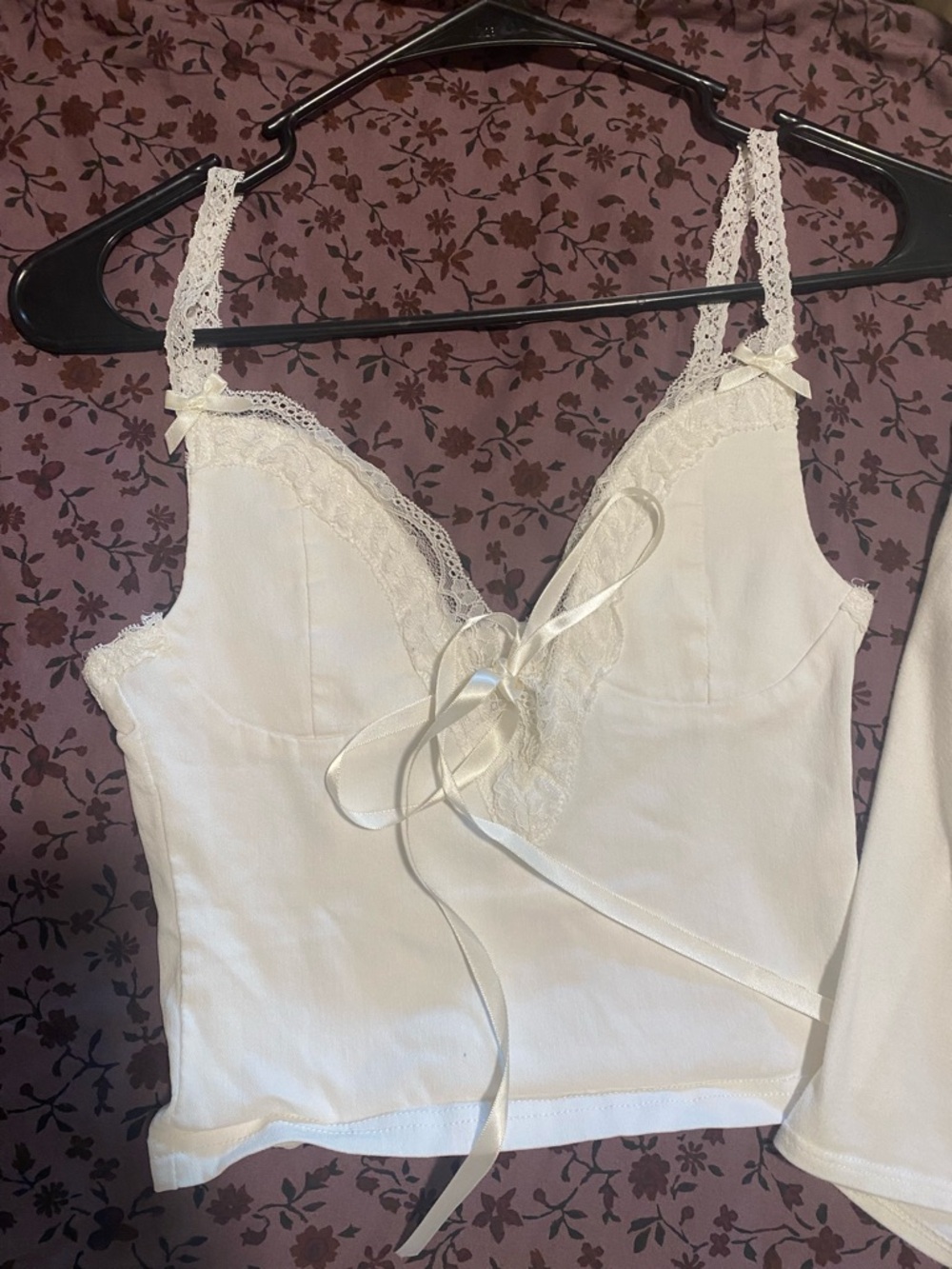 White Lace-Trim Crop Camisole with Front Ribbon and white tank top two pieces